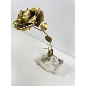 Vtg Metal Brass or Bronze Rose Brutalist Sculpture Mounted on Stone Base 9"
